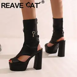 REAVE CAT Design Shoes Lady Summer Boots Peep Toe Cross Strap Ultrahigh Heel 12.5cm Platform 4.5cm Fashion 49 50 Big Size