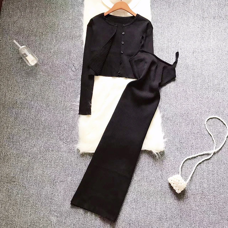 

Knitted Women Sets Loose Long Sleeves Cardigan+ Elastic Solid Spaghetti Strap Dress French Style Casual Two Piece Set Outfits