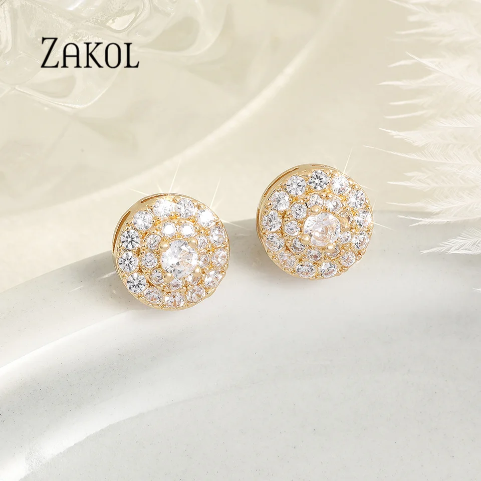 ZAKOL Personalized Gold Color Round Inlaid Shiny Zircon Stud Earrings For Women Fashion Elegant Evening Luxury Jewelry ZPE1756