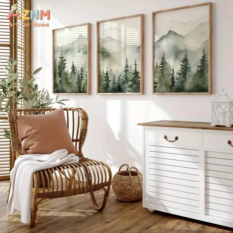 3PCS Watercolor Pine Forest Mountain Canvas Wall Art Set Green Nature Landscape Prints Posters Minimalist Scandinavian Style Unf