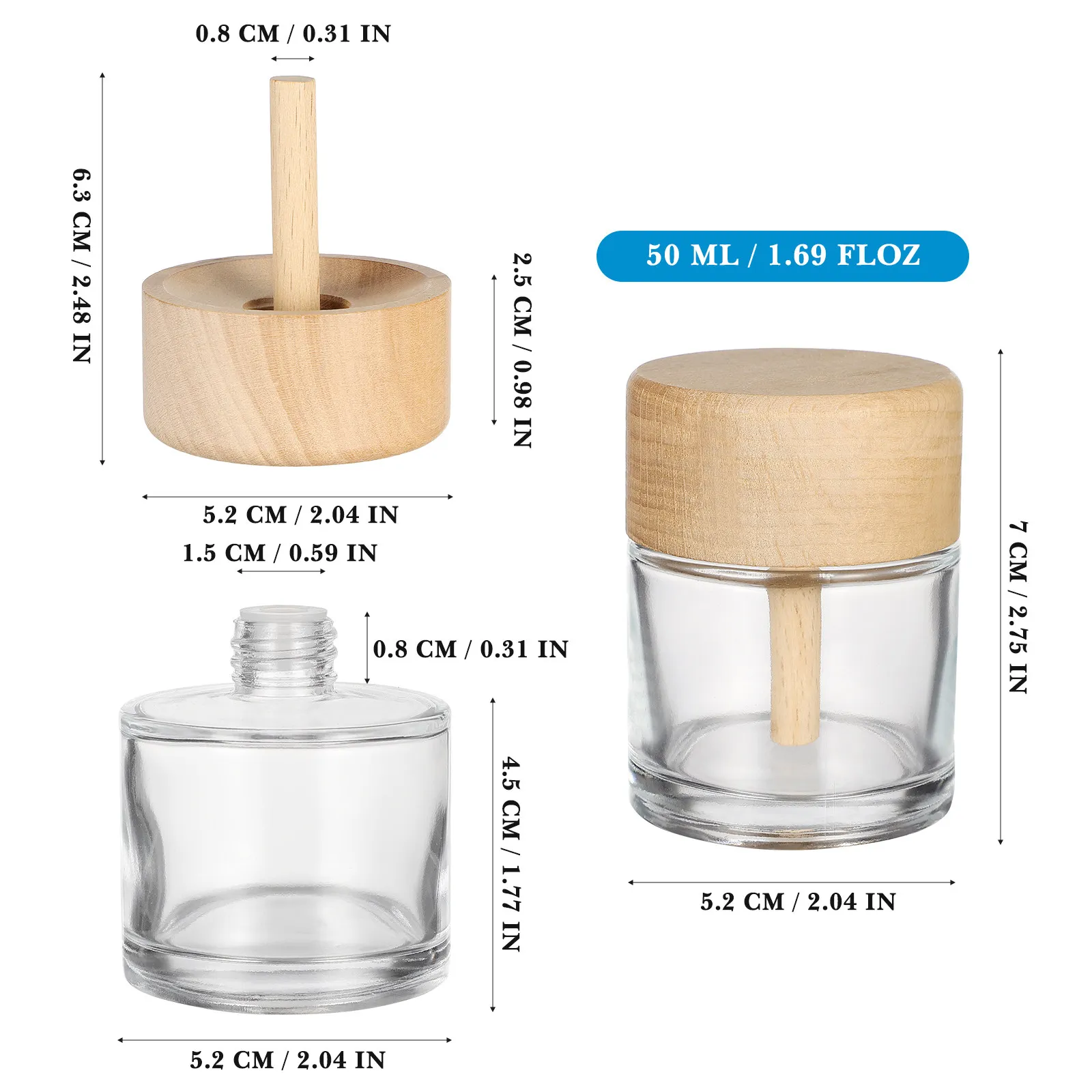 2Pcs 50Ml Glass Diffuser Bottles Empty Wide Diffuser Jar for Essential Oil Perfume Aroma Air Freshener Desk Decor