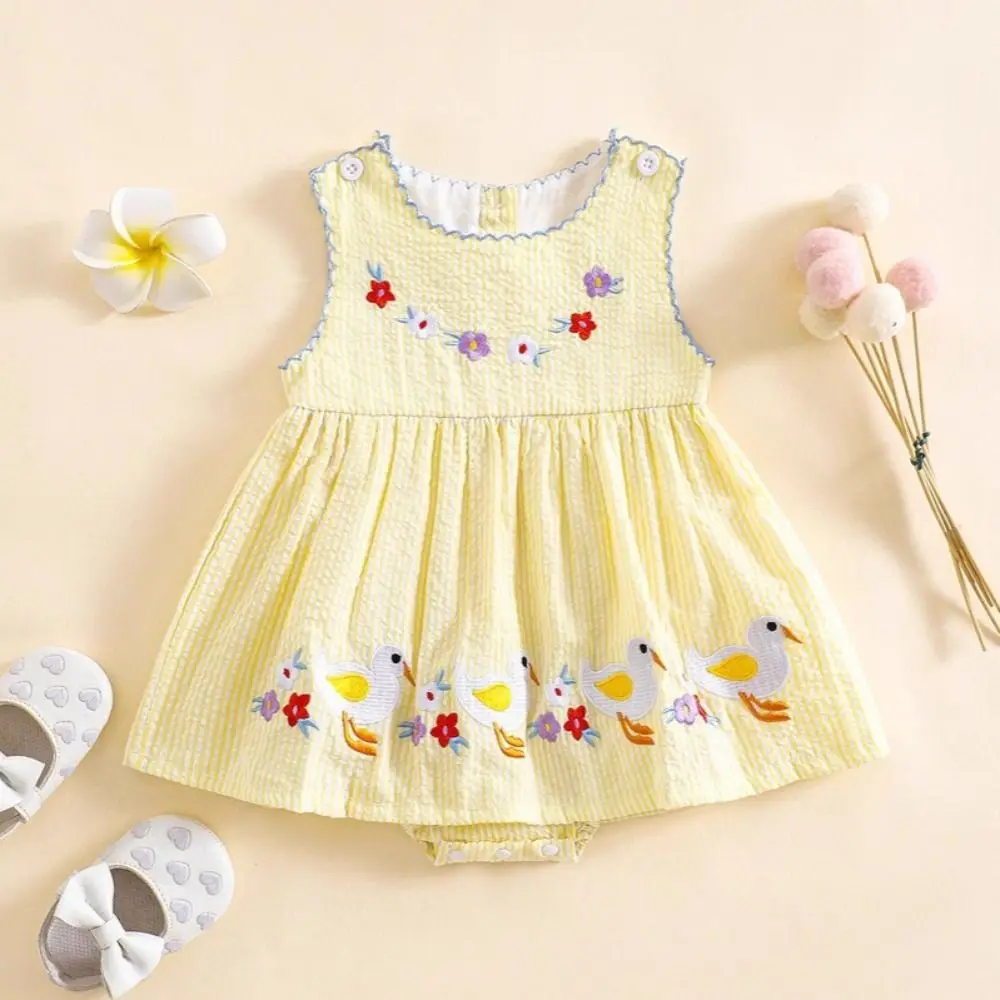 

Sleeveless Design Baby Girl Romper Dress Yellow Gingham Cotton Material Princess Dress Duck Print Floral Embroidery