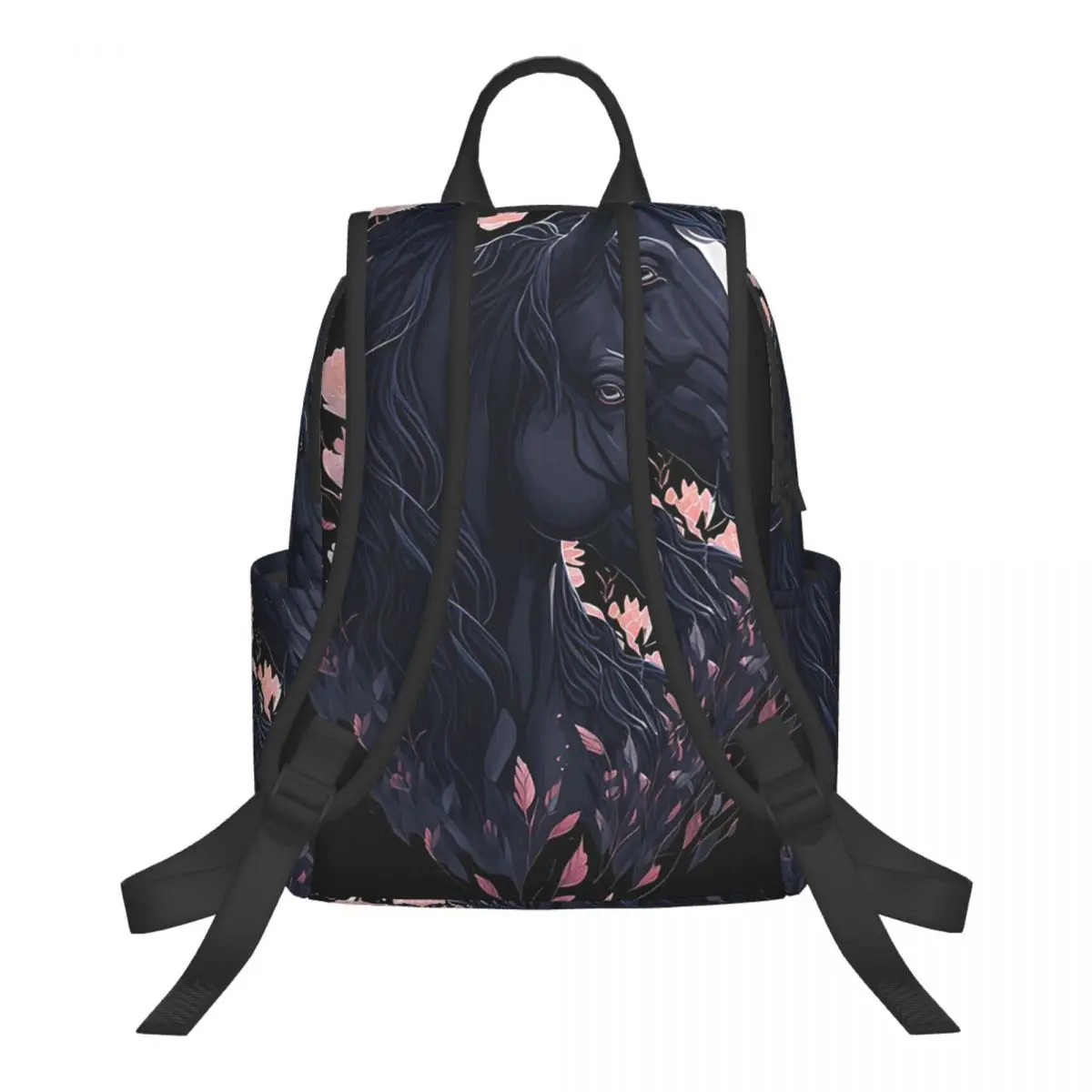 Flowers Surround Black Horse Print Student Backpack School Bag Hiking Travel Daypack for Men Women Bookbag Shoulder Bags