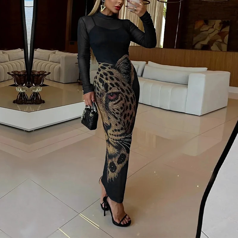 BKLD Fashion Two-piece Clothing Women Wild Sexy Leopard Pattern Rhinestone Splicing Long Sleeve Mesh Dress+Sling Tank Mini Dress