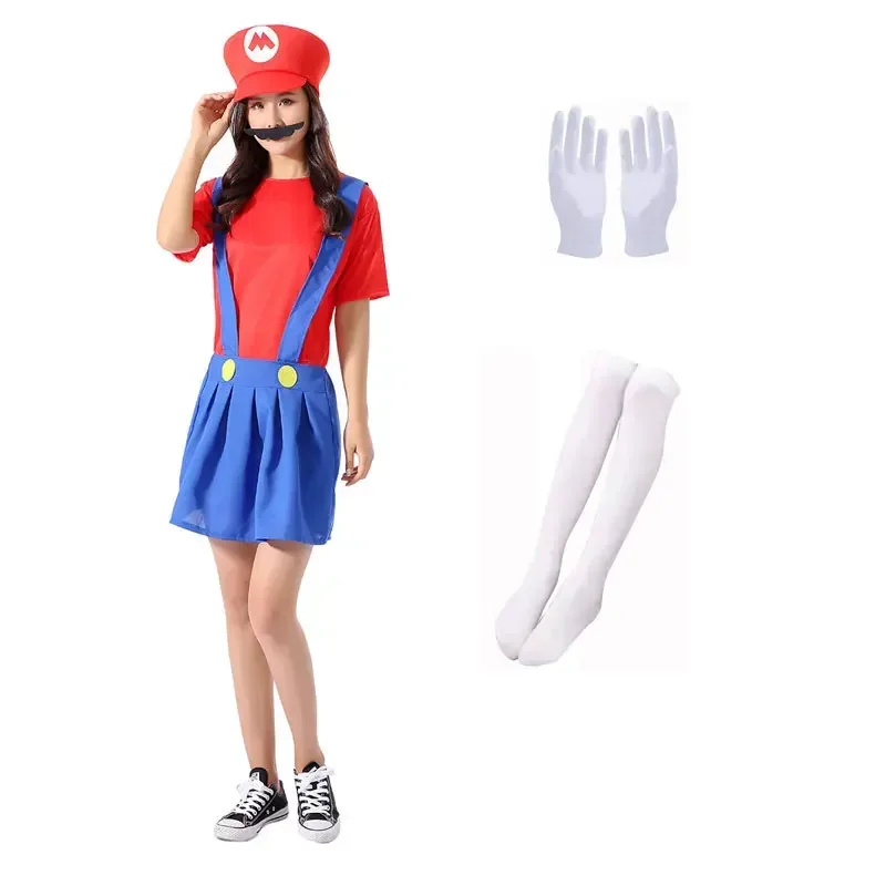 Sn88 girls Women super brother jumpsuit plumber cosplay boys kids adult Luigi costume dress hat beard gloves socks Hallowee * #2