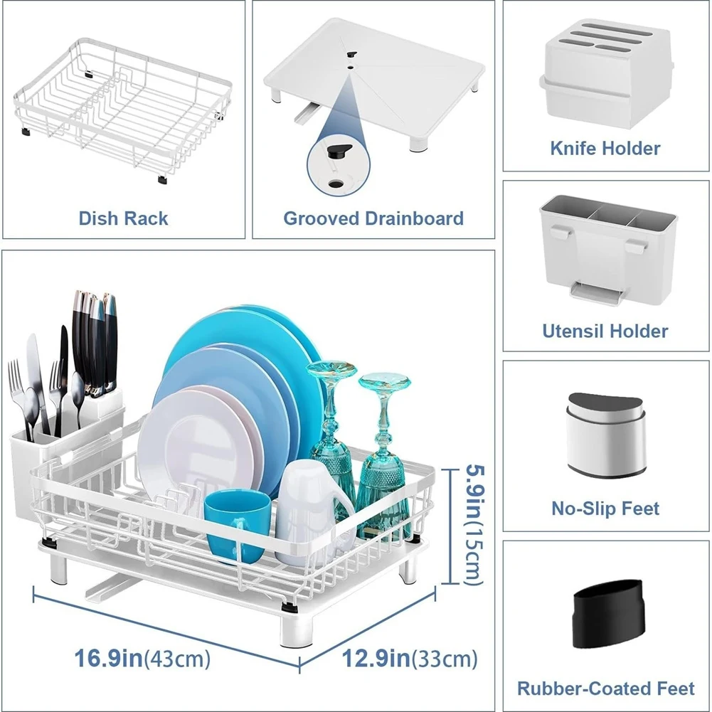 

HRBAJ-Dish Drainer Compact Dish Rack For Kitchen Countertops With Drain Plate, Cutlery Rack & Adjustable Rotary Nozzle