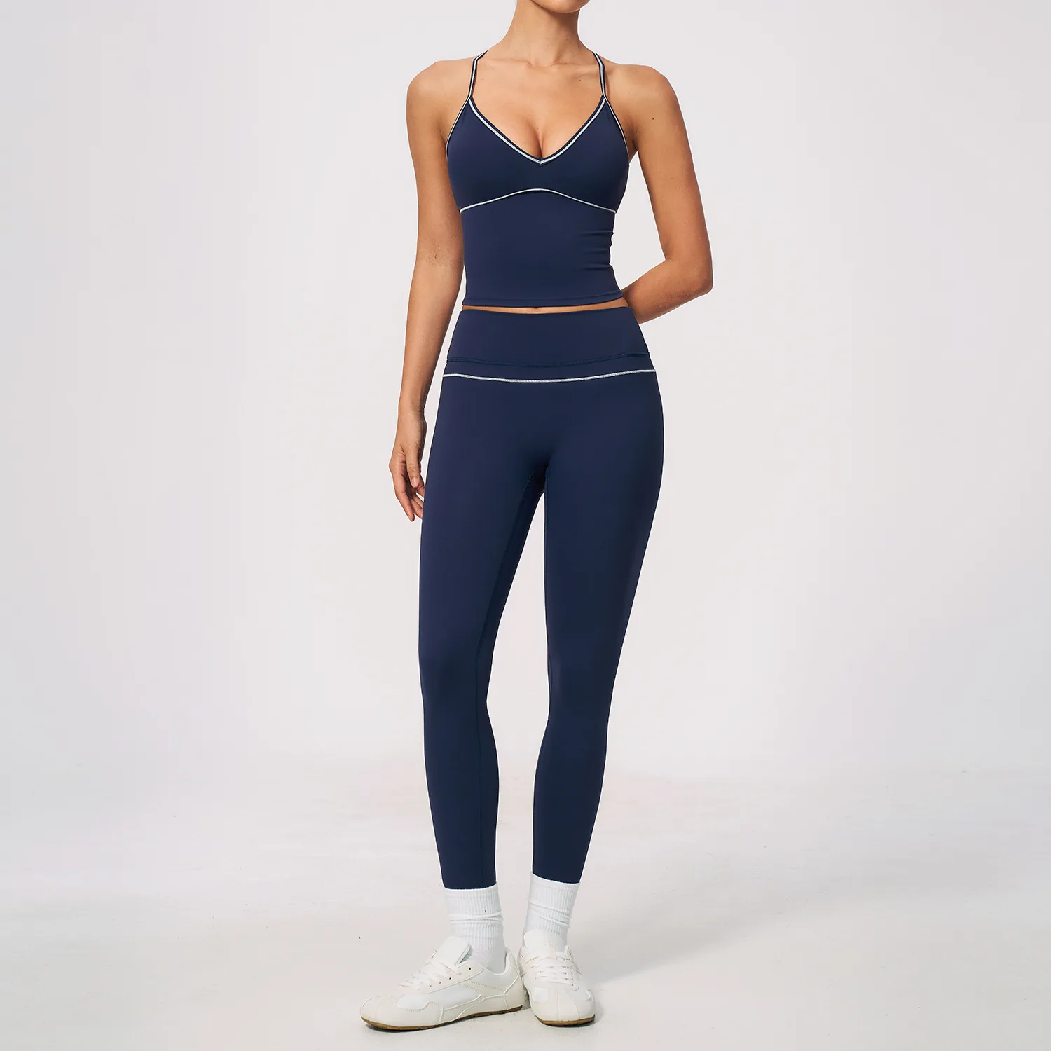 Women 2Pcs Tracksuit High Waist Contrast Trim V Back Push Up Leggings with Padded V Neck Crop Top Gym Fitness Yoga Sportswear