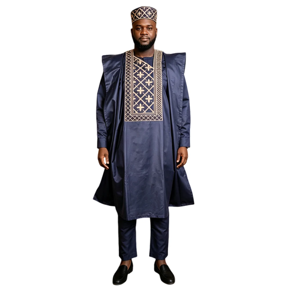 Fashion Plus Size African Clothes for Men Bazin Embroidery Design 3 PCS Set Tops And Pants Trousers Suits With Hat Men Clothing
