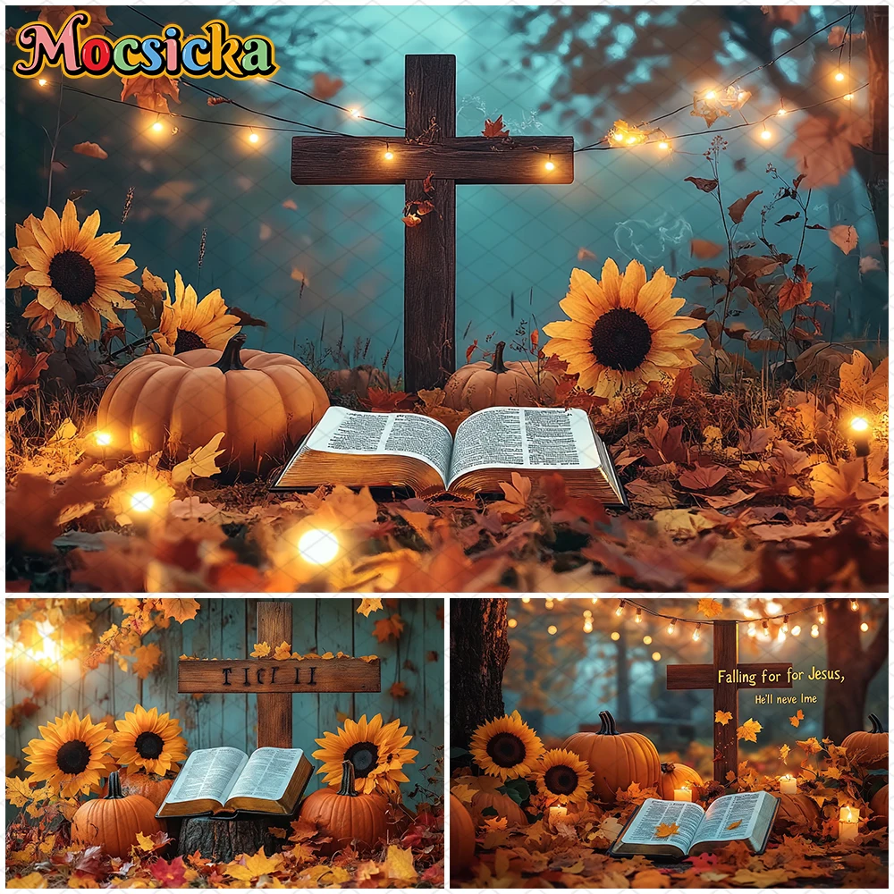 

Mocsicka Autumn Backdrop Wood Cross Book Pumpkin Party Banner Yellow Fallen Leaves Pumpkin Sunflower Decor Fall Photo Background