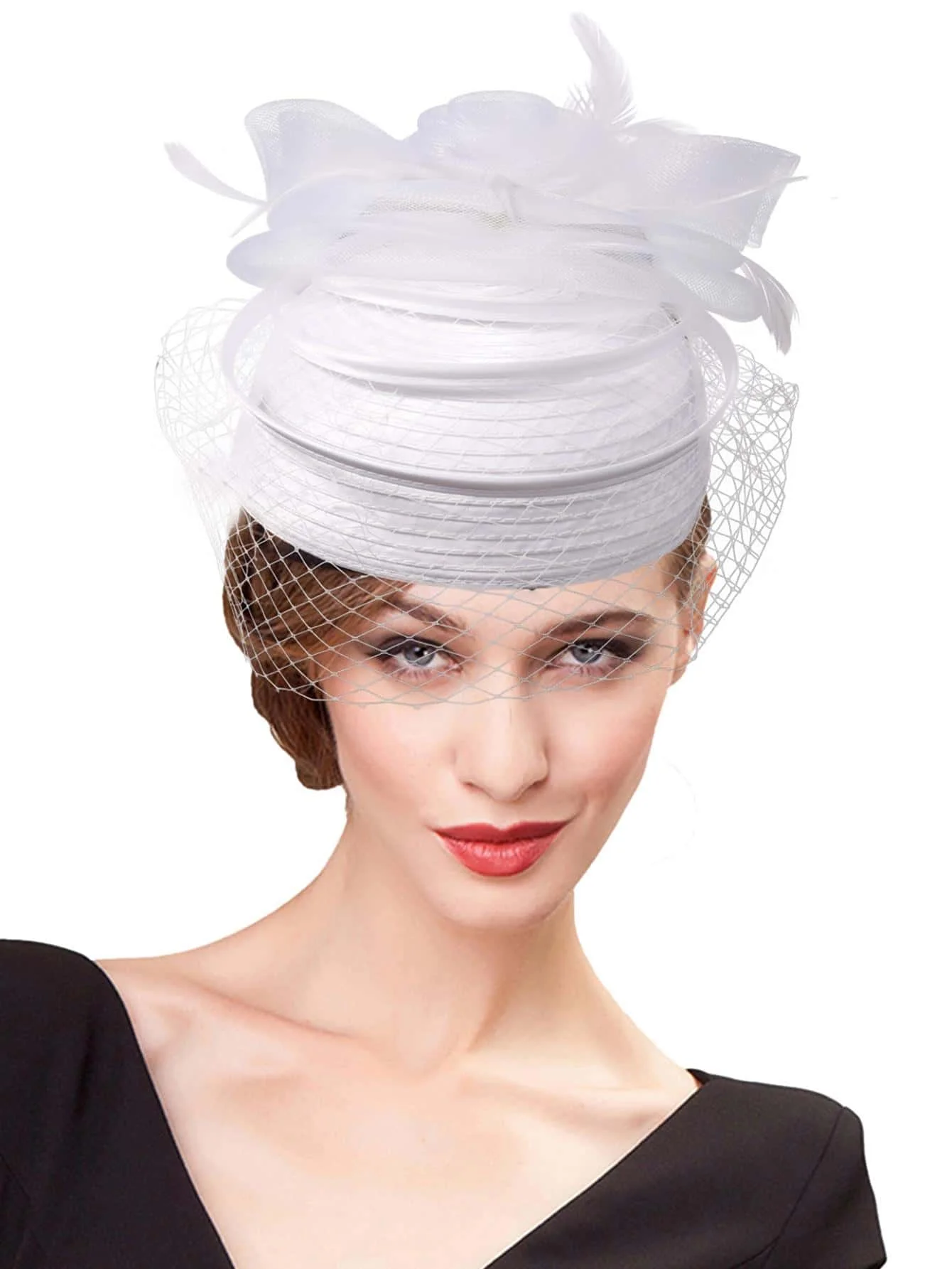 Church Fascinators Hats For Woman With Feather Veil Cocktail Tea Party Dress Headdress Kentucky Derby Cap Wedding Bridal Hat