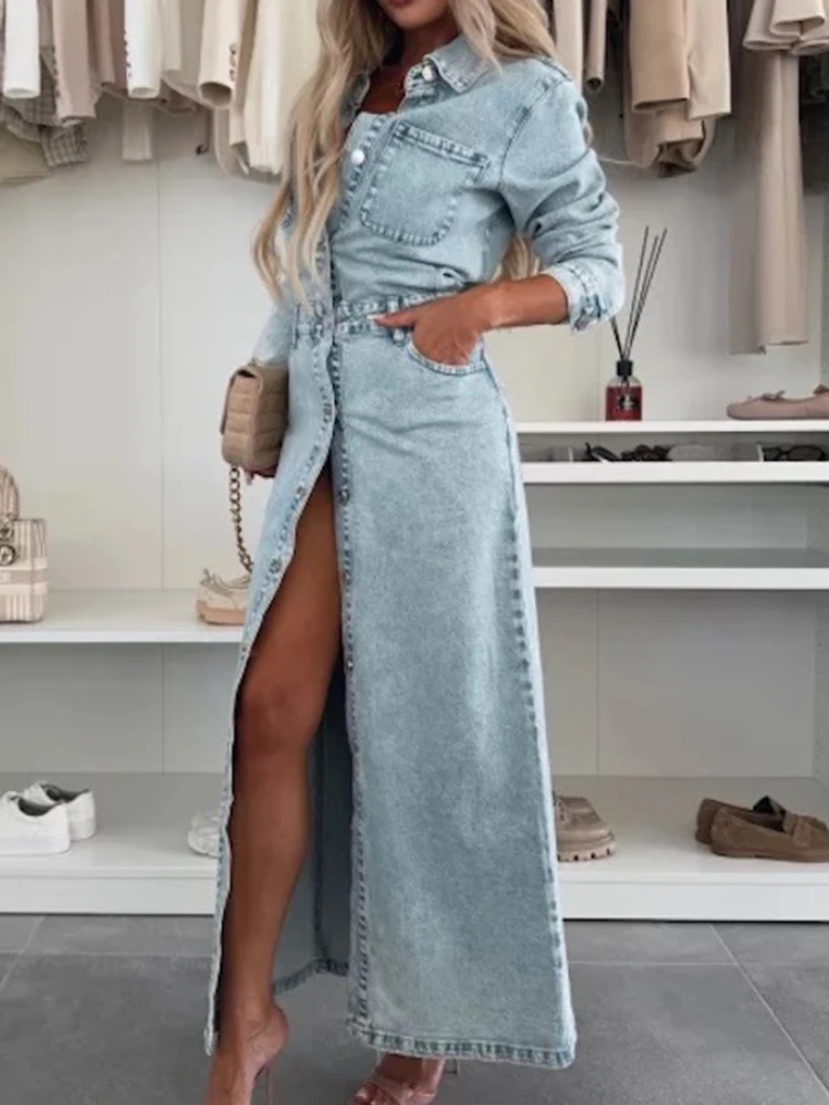 Herbst Neue Tasche frauen Kleid Mode Revers Langarm Einreiher Kleid Temperament Einfarbig Dünne Denim Shirts Kleid