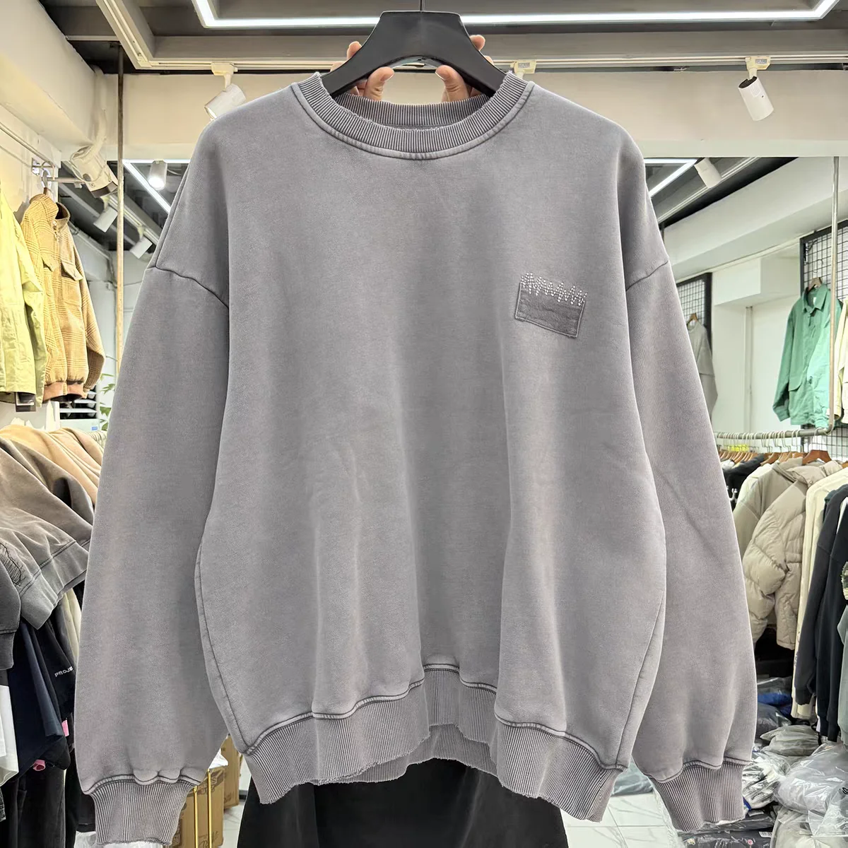 لطيفة غسلها التطريز الصلبة Crewneck الرجال النساء المتضخم النسيج الثقيل للجنسين بلوزات