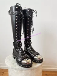 Rivet Metal Toe Black Boots Punk Style Leather Solid Buckle Belt Cross Tied Square Heels Shoes Couples Knee High Knight Boots