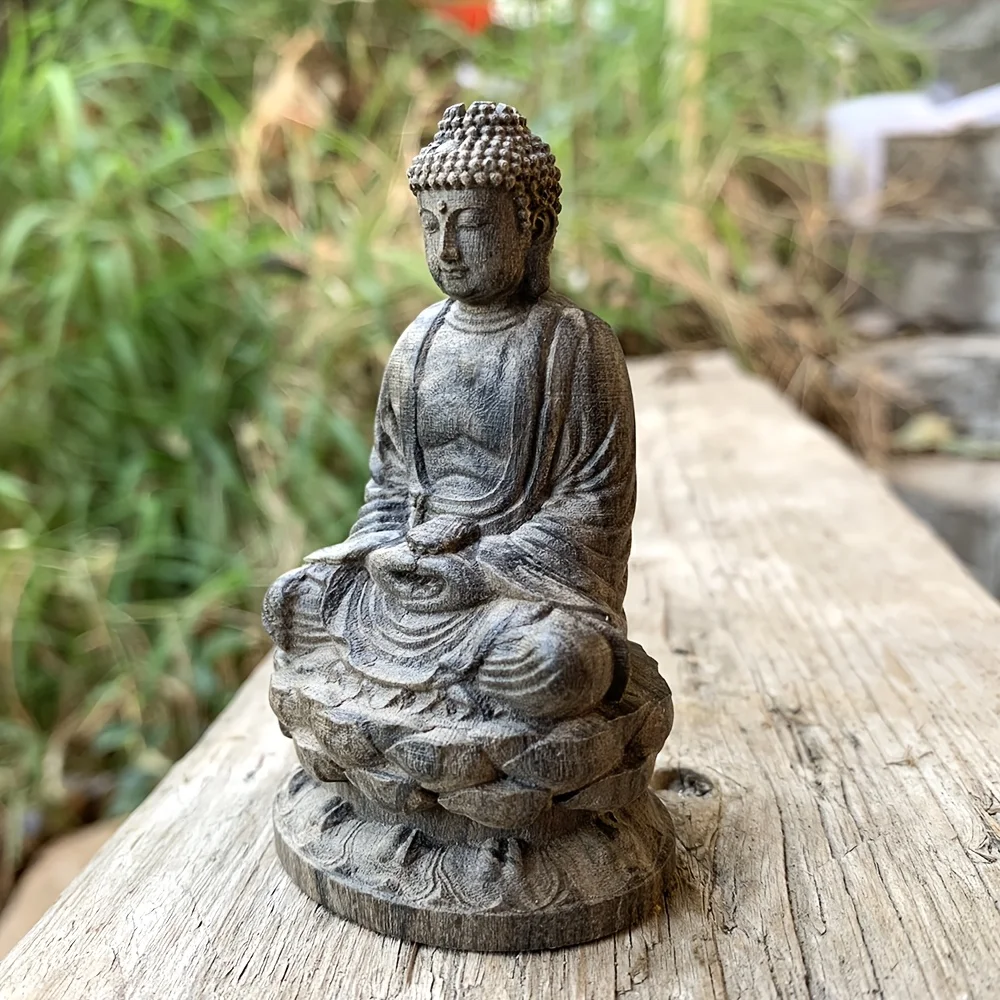 Handcrafted Solid Wood Carved Buddha Statue of Shakyamuni, Artistic Style, Suitable for Holiday Decorations, Tabletop Ornaments, Home Decor, Fireplace, Bedroom, New Year Gifts