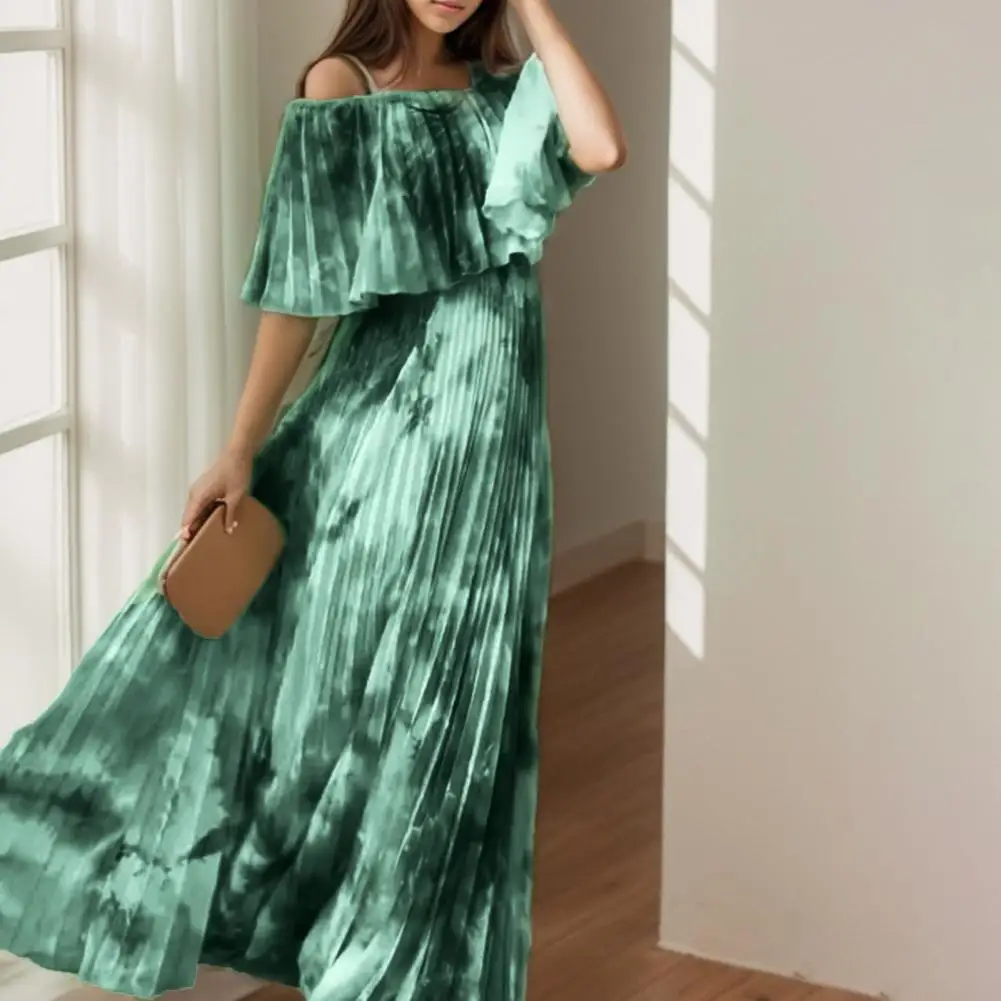 

Women Evening Dress Gradient Color Off Shoulder Bandeau Long Dress Backless Ruffle Tie-dye Floor Length Prom Party Maxi Dress