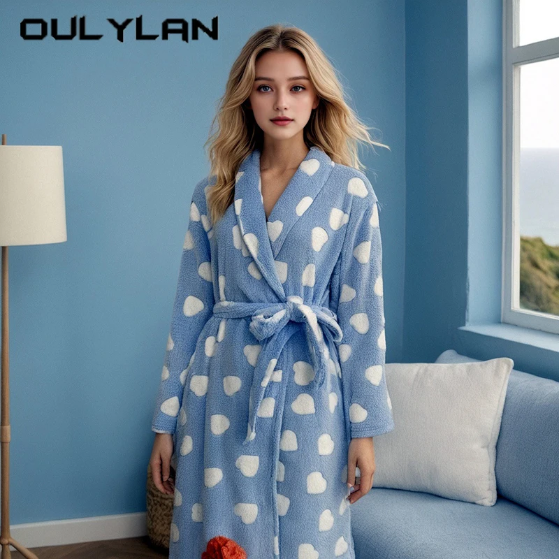 Oulylan Lady's Flannel Heart-Shaped Nightdress Women Hotel Printed Long Bathrobe Warm Home Clothes Autumn Solid color Nightgowns