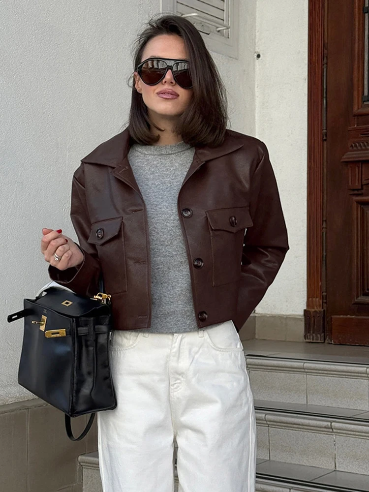 Women Dark Brown Leather Coats Stand-up Neck Short Loose Single Breasted Pocket Jackets Long Sleeves 2025 Autumn Fashion Coat