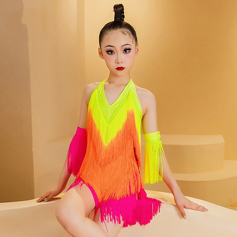 New Girls Latin Dance Dress Fluorescent Yellow Orange Pink Tassels Dress Kids Cha Cha Dance Clothes Competition Clothing BL13259