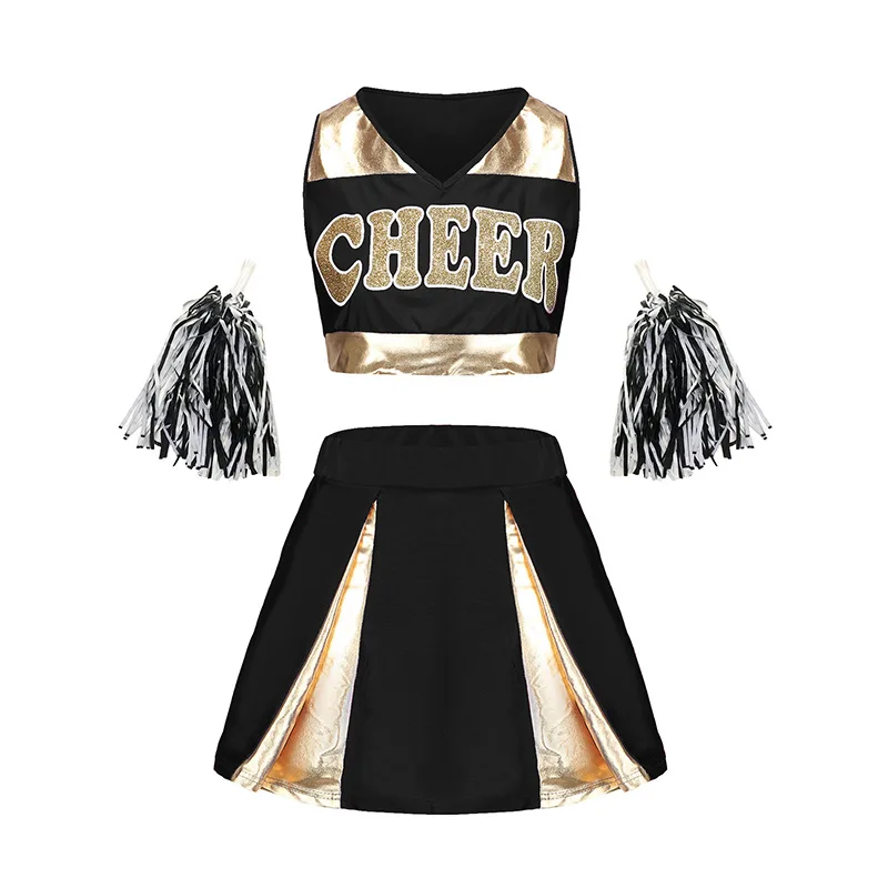 Uniformes de Cheerleader sem mangas, roupas de dança, crop top, saia, meias, roupas para cheerleading, adulto