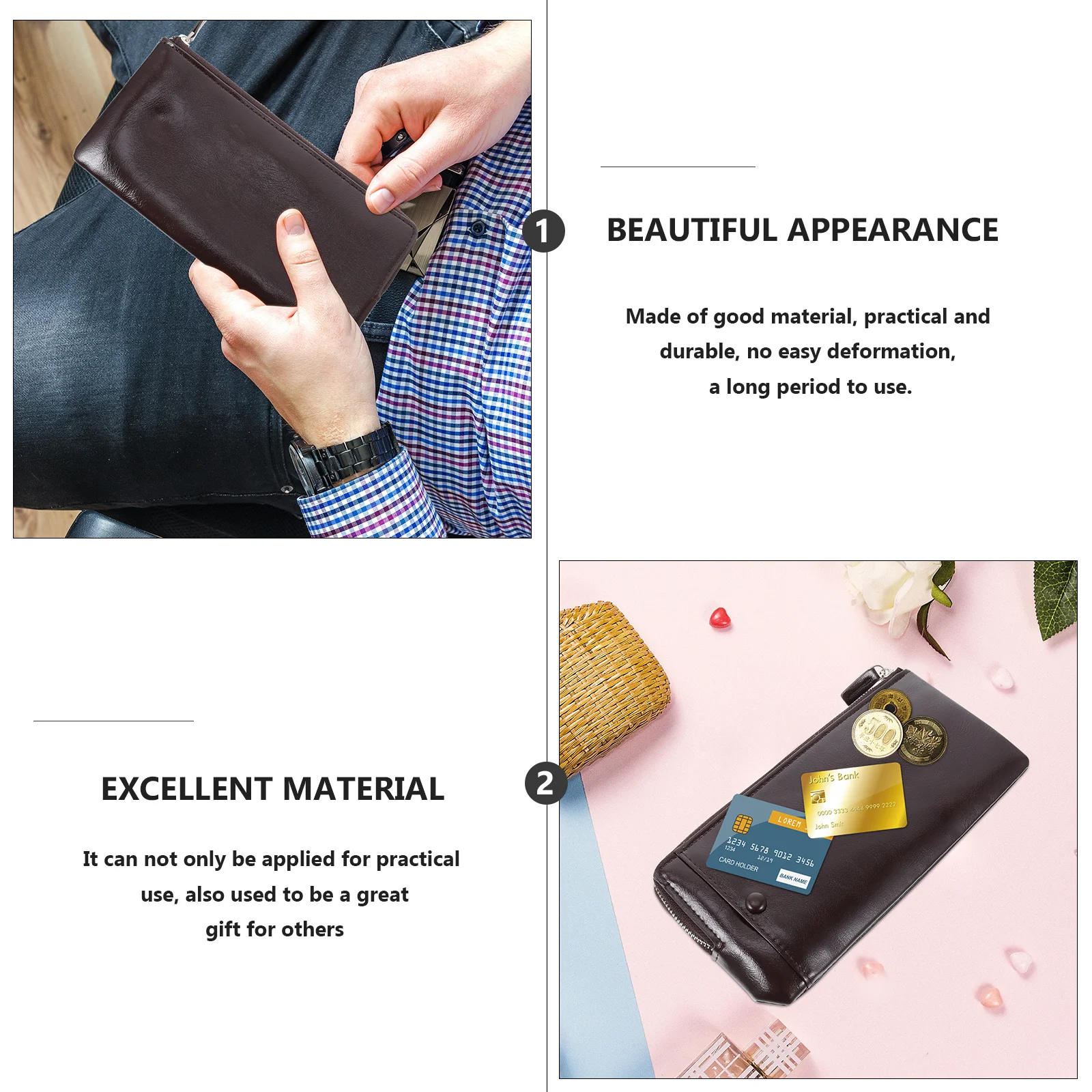 กระเป๋าสตางค์ผู้ชายแบบยาว 1 ชิ้น ความจุขนาดใหญ่ กระเป๋าซิปอเนกประสงค์สำหรับใส่บัตร เงินสด เหรียญ ทนทาน น้ำหนักเบา