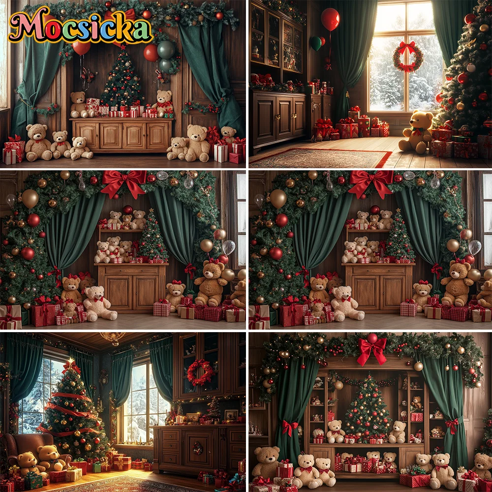 

Christmas Photography Background Window Cute Bear Gifts Glitter Xmas Tree Kids Family Portrait Decor Backdrop Photo Studio