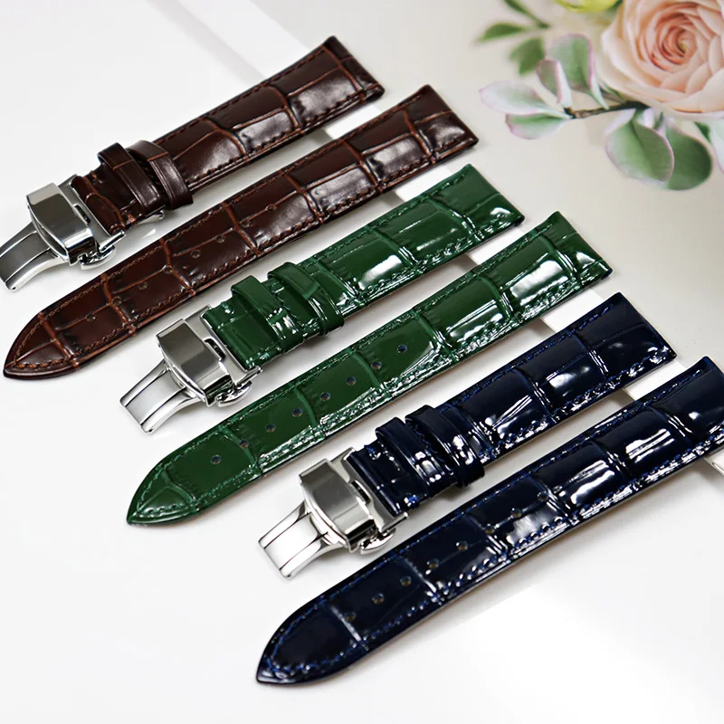 Genuine Leather Bracelets 12mm 14mm 15mm 16mm 18m Red green blue white purple Watch Strap Butterfly Buckle Shiny Band Wrist Belt