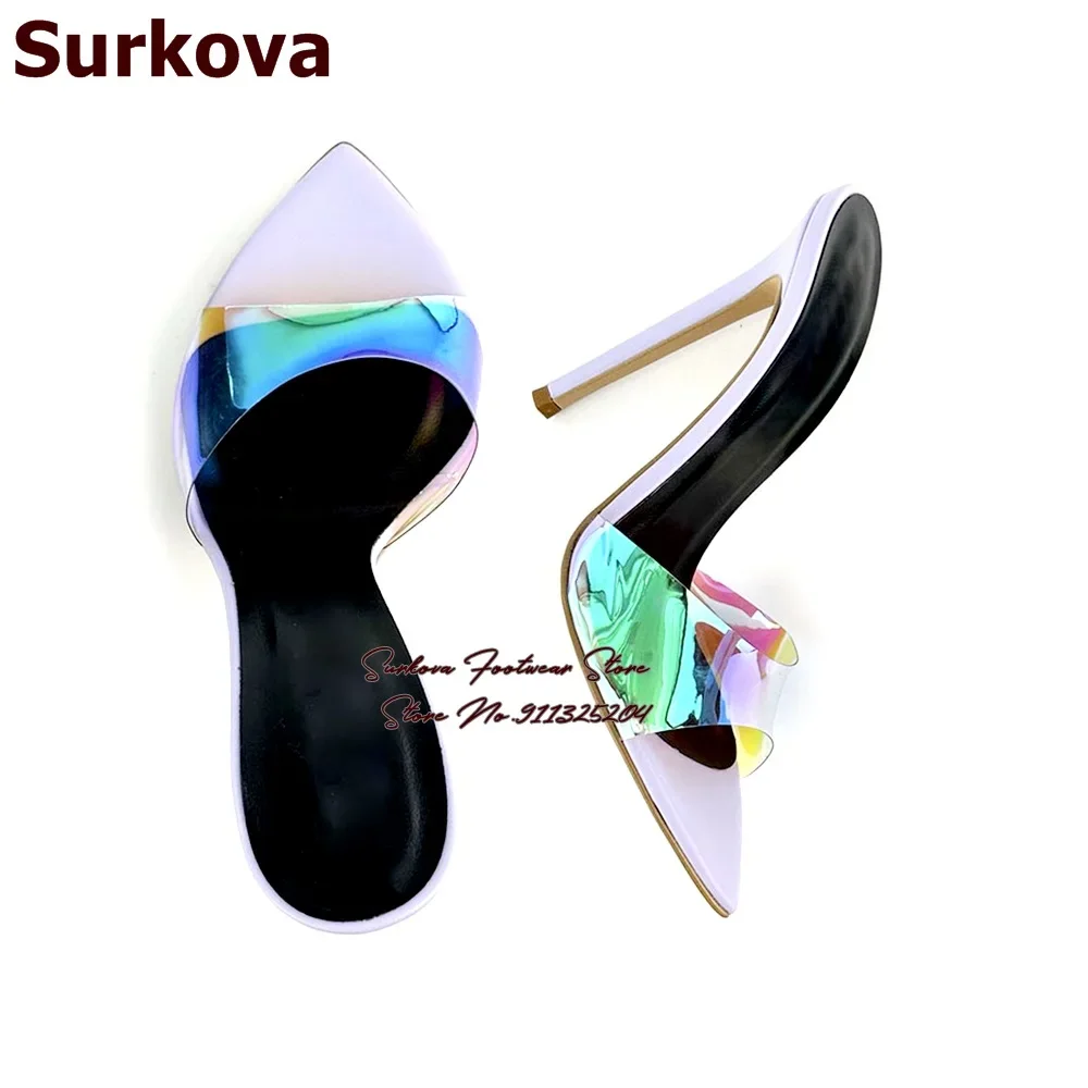 

Surkova Hologram Iridescent PVC Stiletto Heel Slippers Pointed Toe Slipper Dress Shoes Women Shallow Sandals