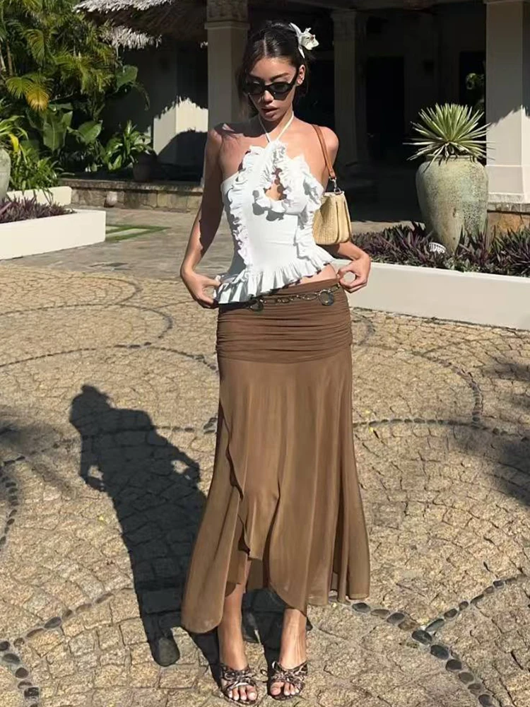 

Macheda Beach Style Elegant 2 Piece Set Women Halter Hollow Ruffles Irregular Camisole+Mesh Patchwork Skirts Holiday Fashion Set