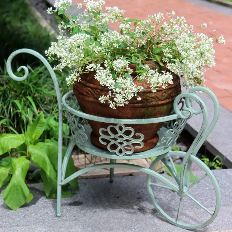 Iron Flower Planter Cart Garden Ornament Stand White and Green Flower Pot Holder Patio Decor