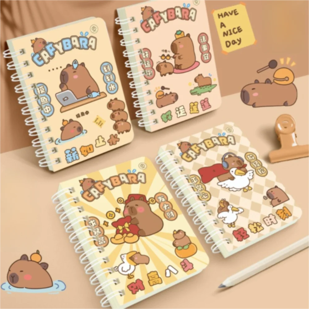 4Pcs/Set Portable Cute Capybara Notebook 80 Sheets Line Circle Coil Notebook Cartoon A7 Notepad Exam Preparation