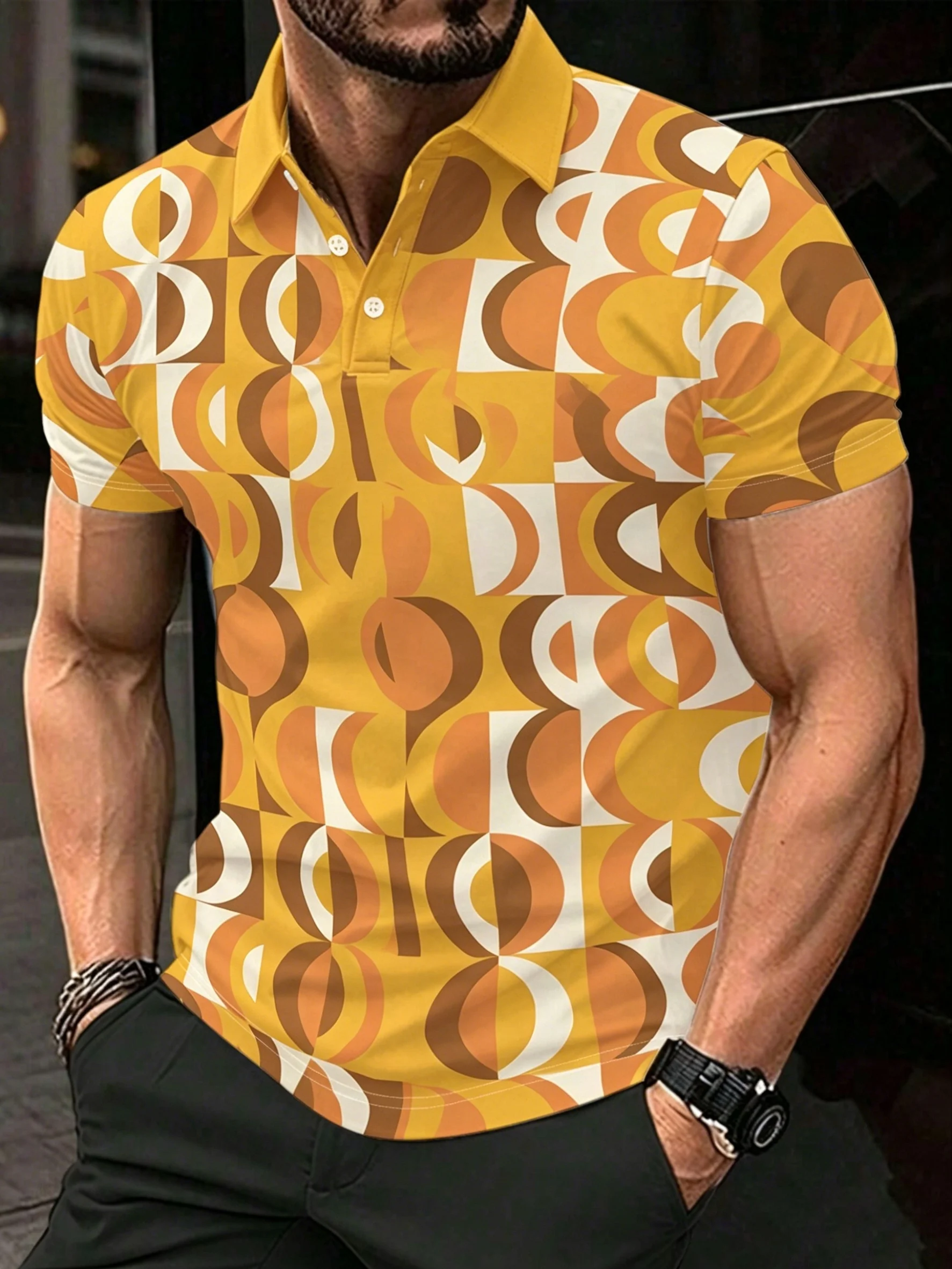 New men's short-sleeve polo shirt T-shirt, loose-fitting and tailored with printed patterns, versatile basic crew-neck top suita