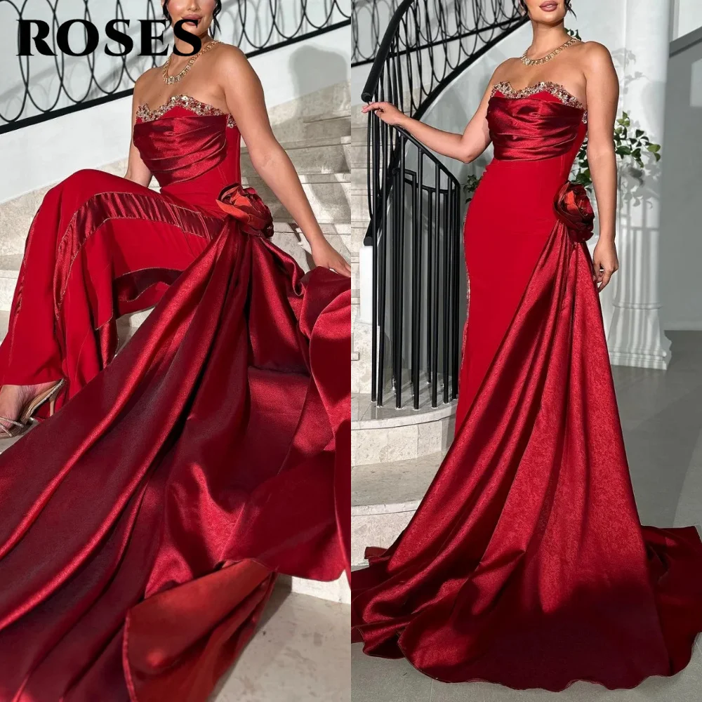 

ROSES Red Prom Dresses Strapless Rhinestone-Embellished Party Dress 3D-Floral Pleated Trailing Mermaid Gown for Women Customized