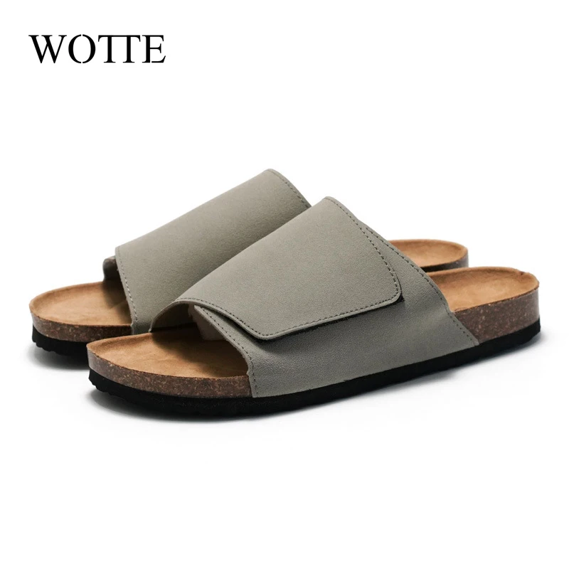 2024 New Summer Men\'s Cork Slippers Suede Leather Mule Clogs Slippers Man Soft Cork Two Buckle Beach Slides Footwear For Men