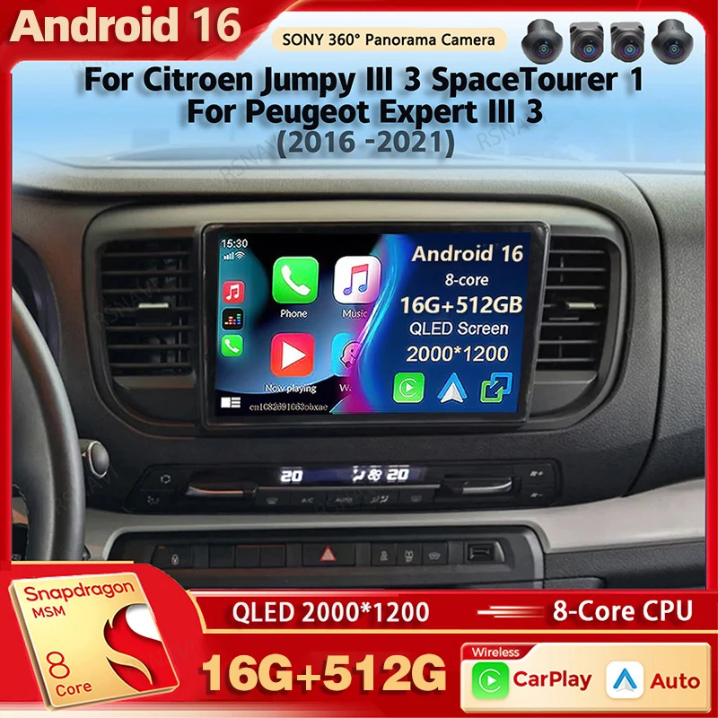 Android 16 Car Radio Multimedia Player For Citroen Jumpy III 3 SpaceTourer 1 For Peugeot Expert III 3 2016-2021 Carplay Stereo