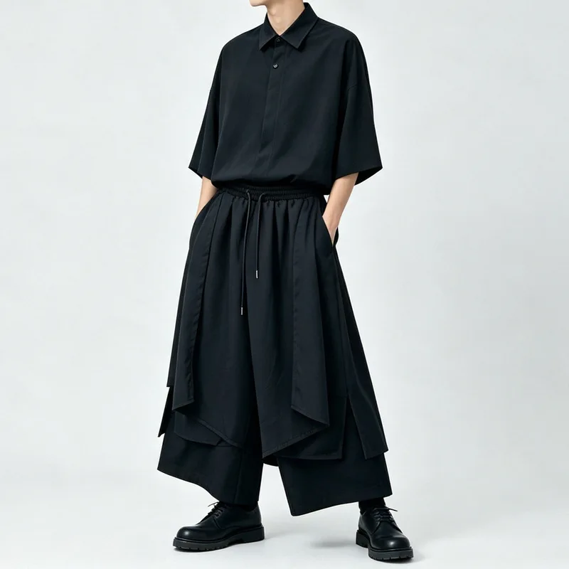 Men'S Casual Pants, Spring/Autumn Style, Dark Wash, Loose Fit, Wide-Leg, Cropped Length, Unisex Design, Asymmetrical Hem