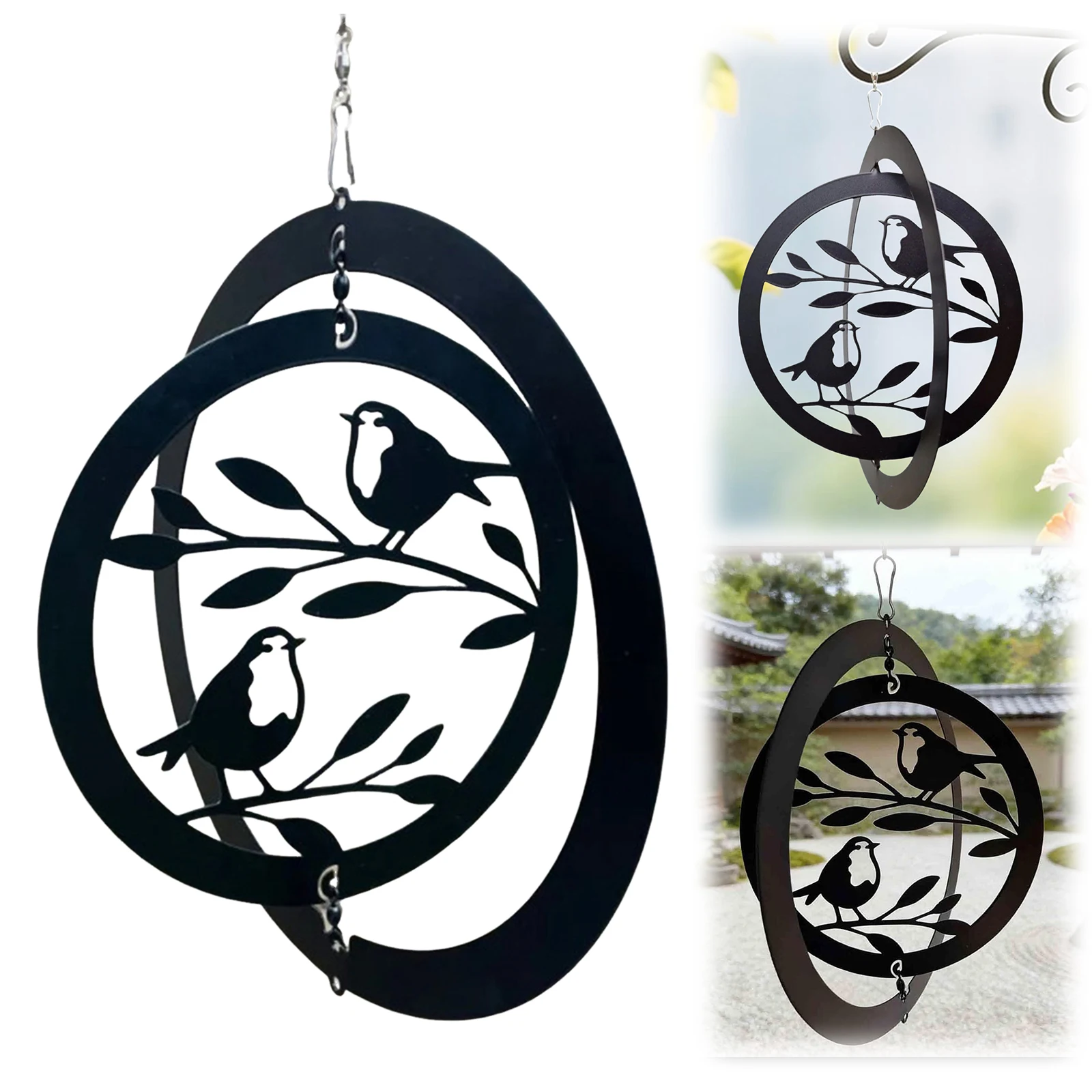 Metal Hanging Wind Spinner Weatherproof Bird Silhouette Spinning Decors Retro Hanging Wind Chimes for Home Garden Decor