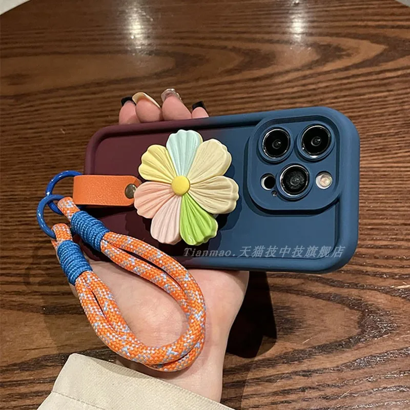 

Градиентная фоторамка синий фиолетовый красочный цветок-подставка с ручкой ремешок для Apple 15promax чехол для телефона iphone14/12/13pro силиконовый