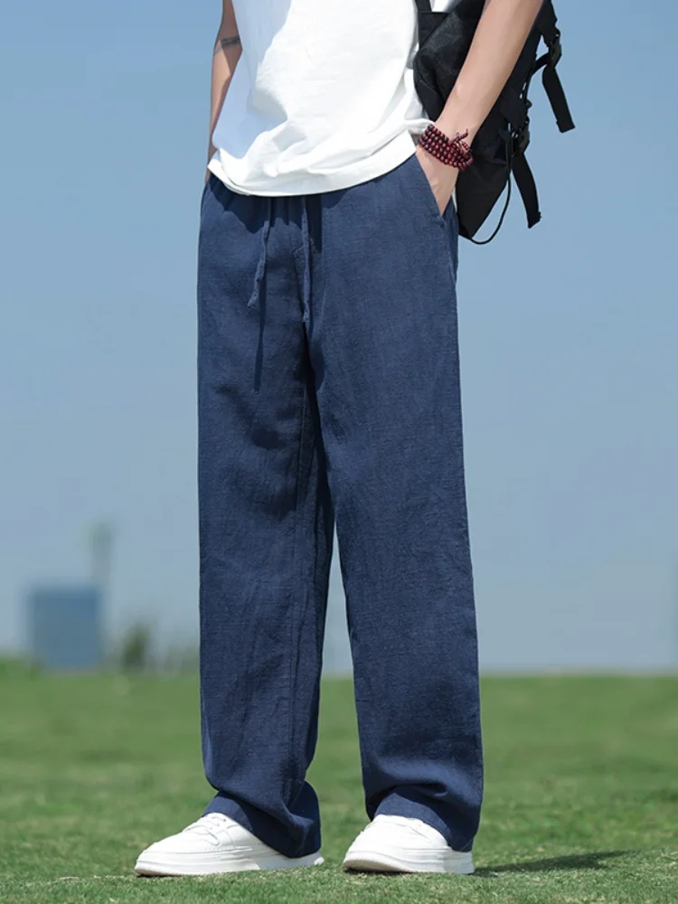 

Мужские летние легкие дышащие льняные брюки свободного кроя с широкими штанинами, прямые, из хлопка и льна, цвета кобальтовый синий