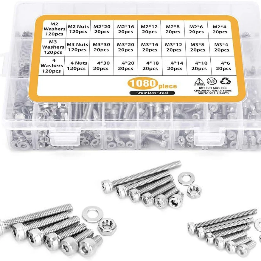 1080pcs 304 Stainless Steel Hex Socket Cap Screws Kit M2 Assortment 4-30mm Grade 12.9 Bolt Set With Storage Box