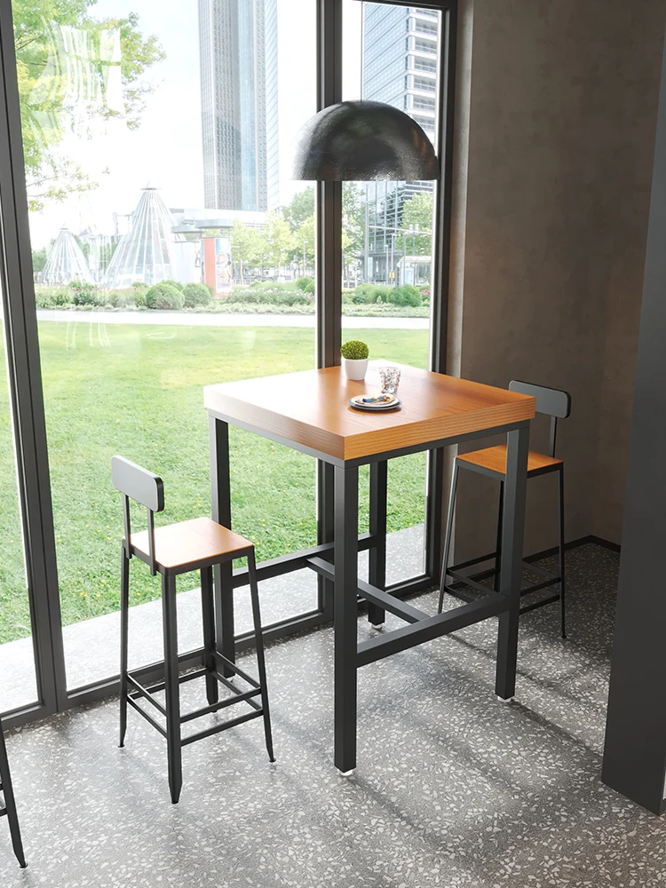 

!@Coffee Shop Bar Table and Chair Combination Solid Wood Metal Frame Modern Commercial Living Room High Table