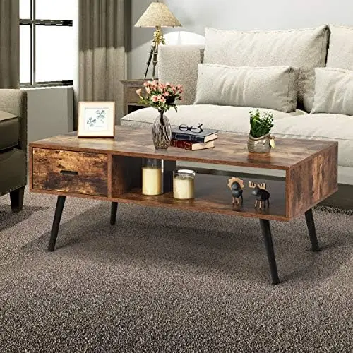 

Rectangular Coffee Table, Modern Wood Sofa Side Table w/ 1 Drawer & Shelf, Center Table w/Open Cubby, TV Stand for Living