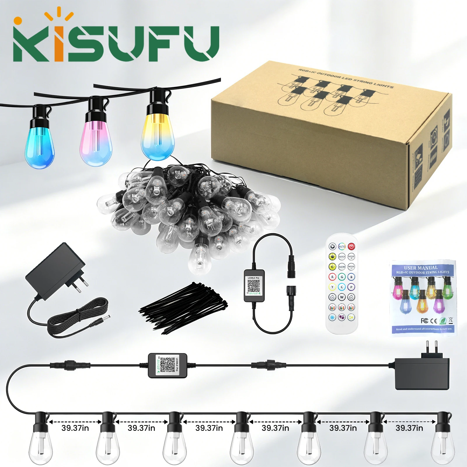 24V RGBIC LED String Bulb Light Waterproof 120M 90M 60M 45M Bluetooth Music Sync Hanging String Light Wedding Garden Patio Decor