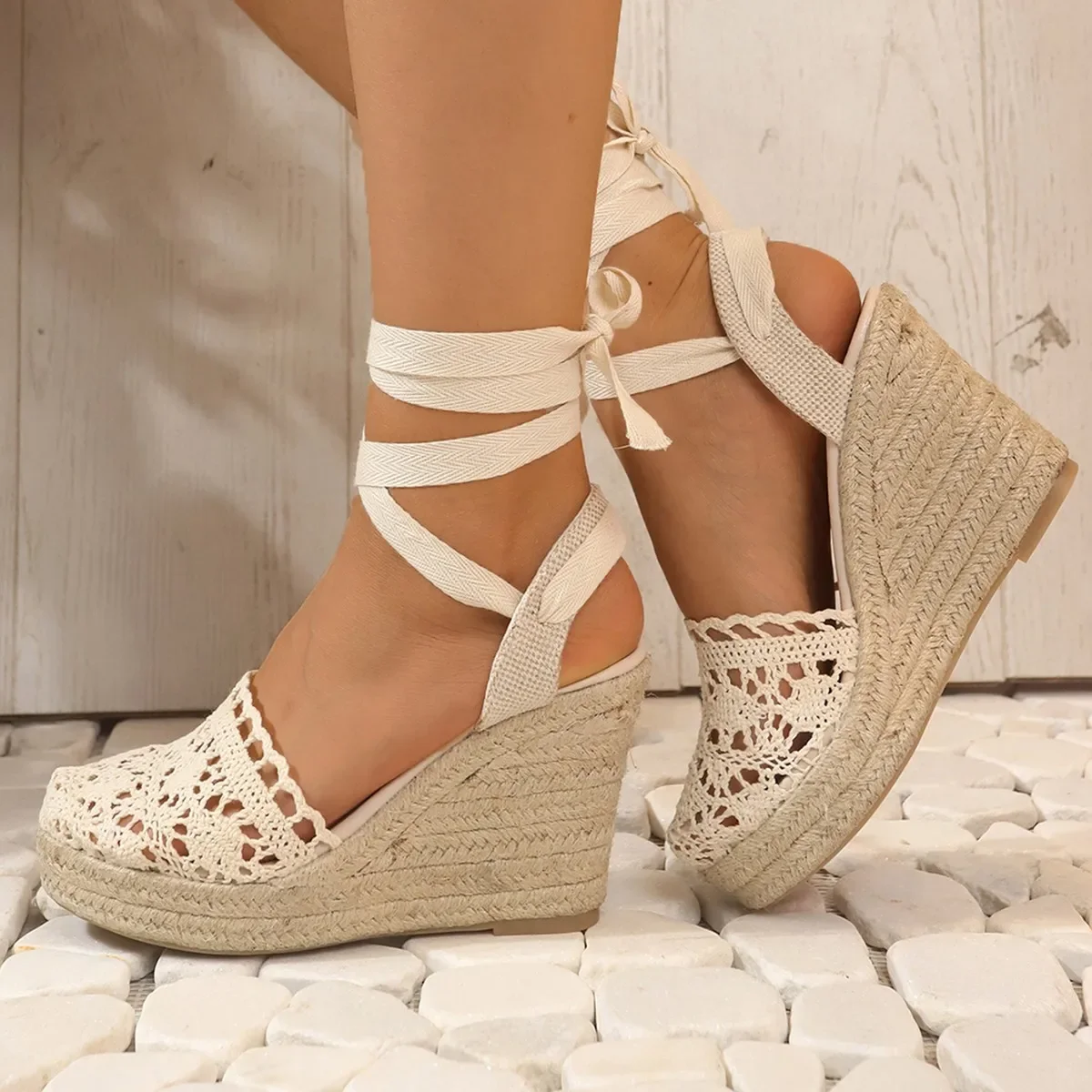 Grass Woven Slope Heel High Heel Lace Sandals Ankle Strap 2024 New Simple and Fashionable Linen Woven Cross Strap