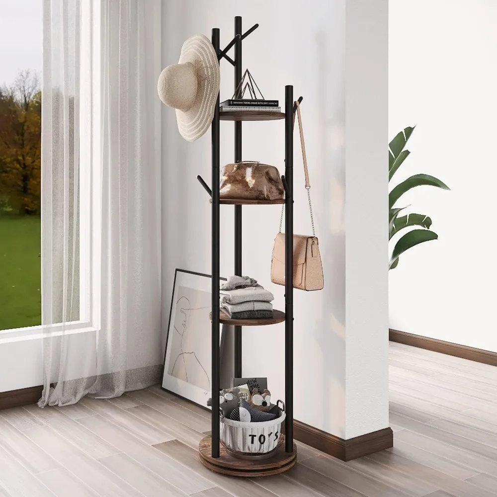 

Rotary Coat Rack Freestanding with 4 Tiers Storage Display Shelf and 9 Hooks for Entryway, Bedroom, Corner & Office, Coat Rack