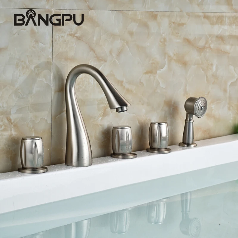 

Modern Bathtub Faucet Combo Set Deck Mount Tub Faucet Set with Handheld Shower 5 Hole Roman Bathroom Bath Tub Faucet Set Brushed