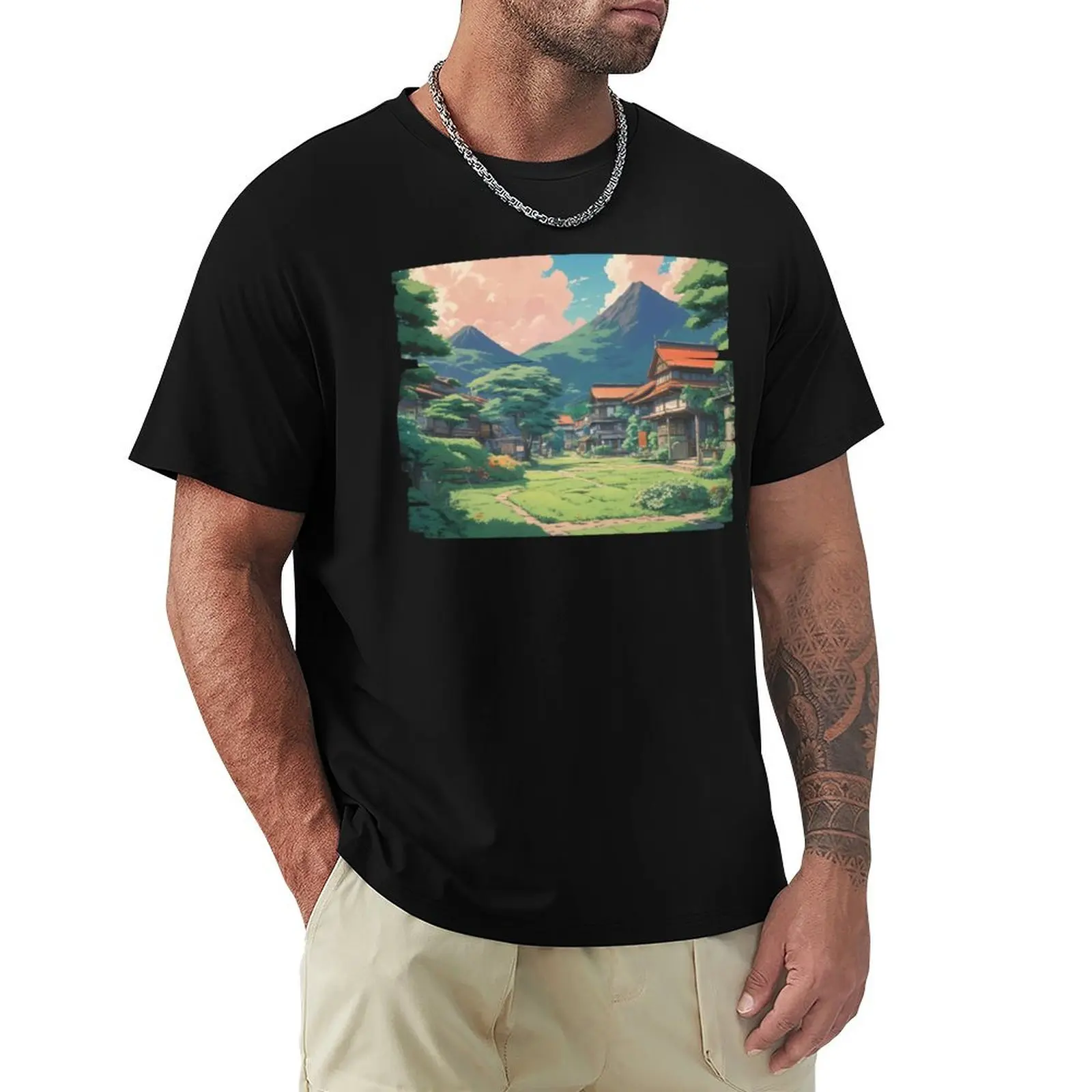 Cottagecore Village crisp Anime Vibes With a Beautiful Pastel Sky japanese aesthetic T-shirt sports fans mens t shirts