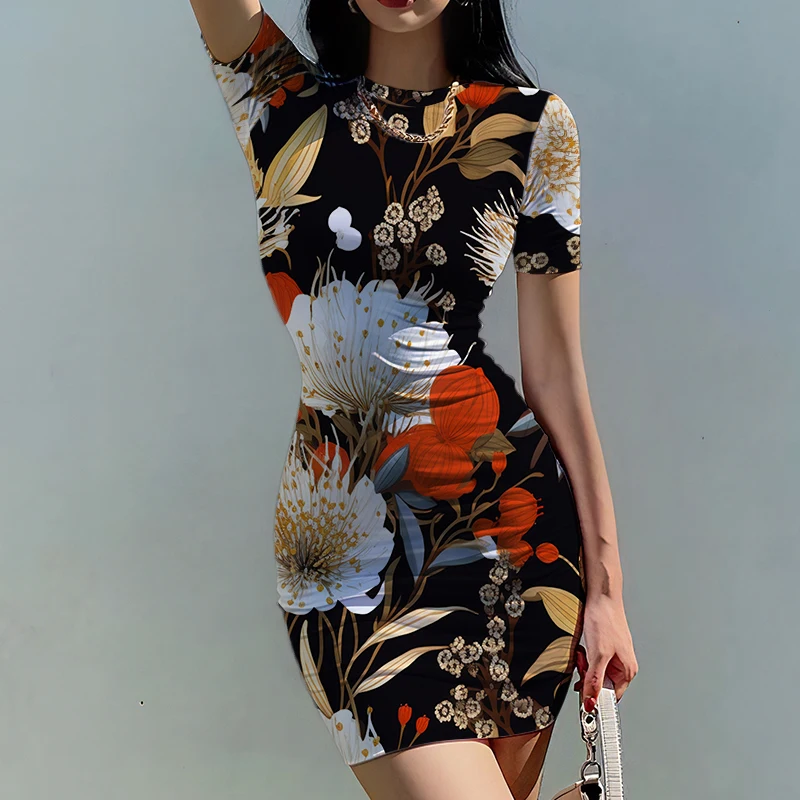 Summer new lady slim dress plant flower 3D printed lady dress beautiful lady slim dress trend fashion ladies slim dress