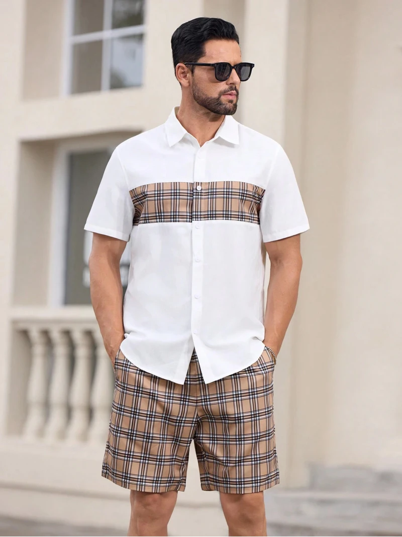 

Мужской модный комплект шорт с короткими рукавами, рубашка с короткими рукавами и шорты с принтом в клетку, мужская одежда из двух предметов