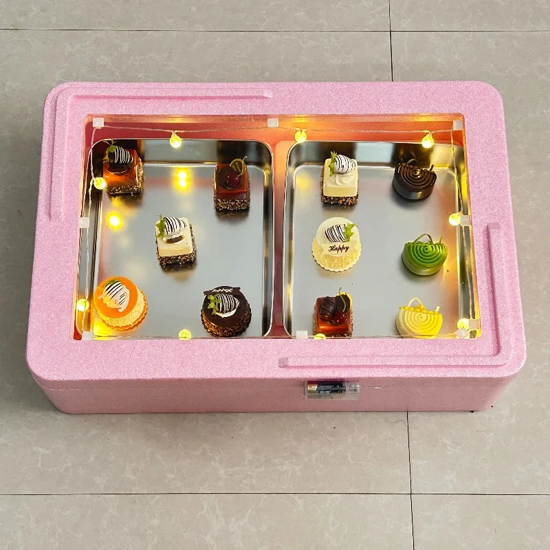 Transparent Lid Display Cold Box for Tiramisu, Commercial EPP Insulated Cake Display Box with Warm Color Light for Stall