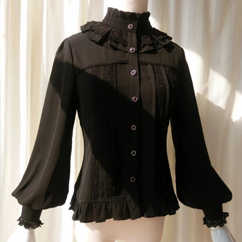 

Japanese Lolita Shirt Women Retro Long Sleeve Lace Patchwork Stand Collar Chiffon Blouse Puff Sleeve Sweet Pleated Fall Tops